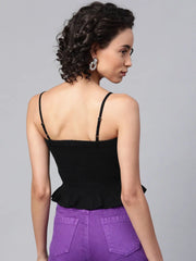 Black Denim Smocked Strappy Crop Top