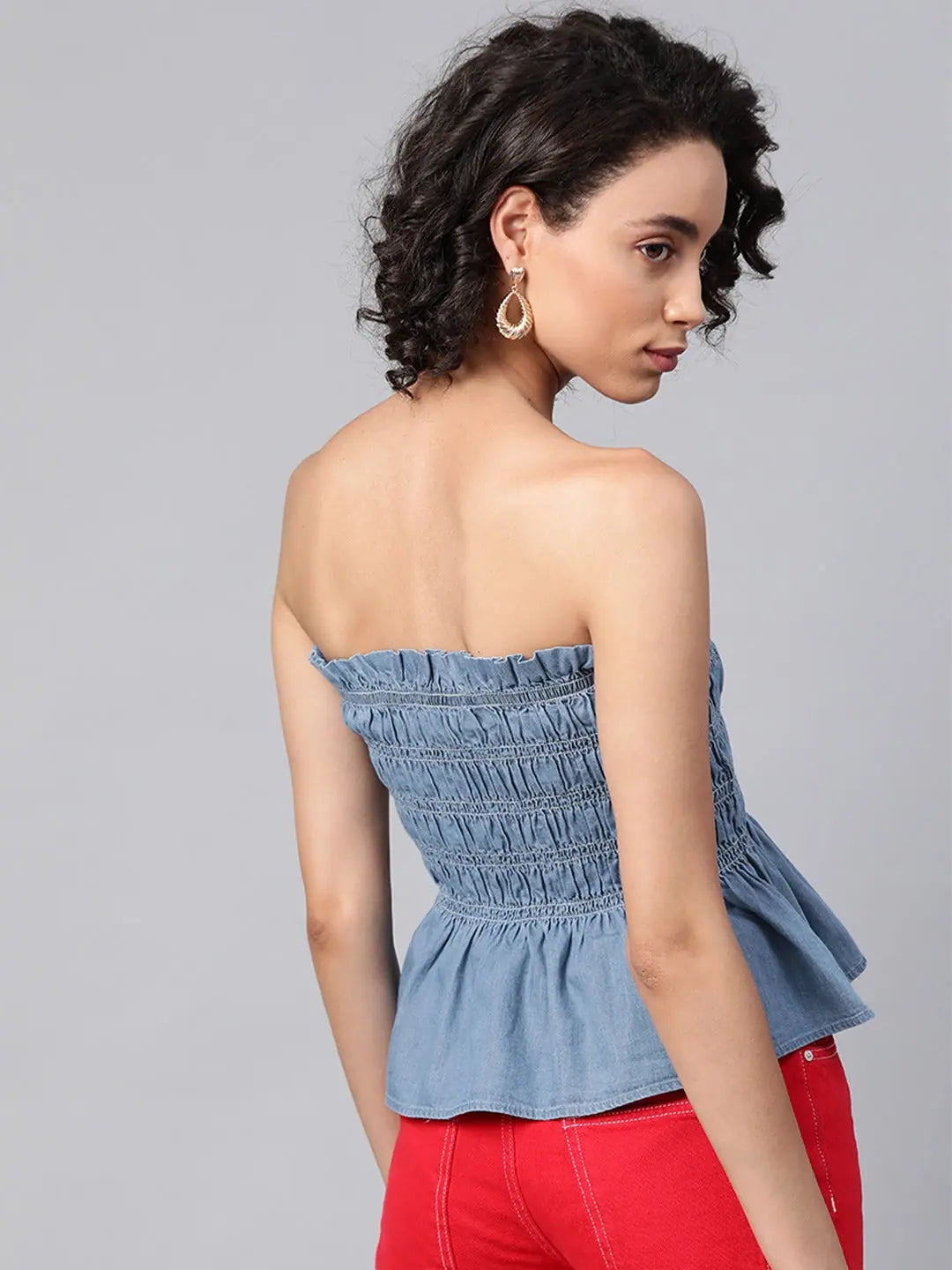 Blue Tencel Tube Peplum Top with Smocking