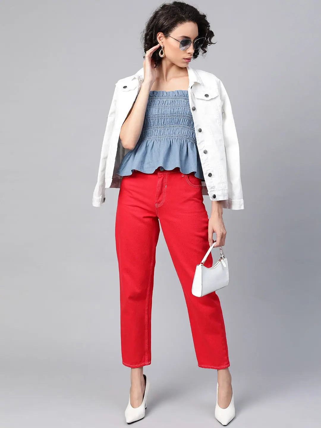 Blue Tencel Tube Peplum Top with Smocking