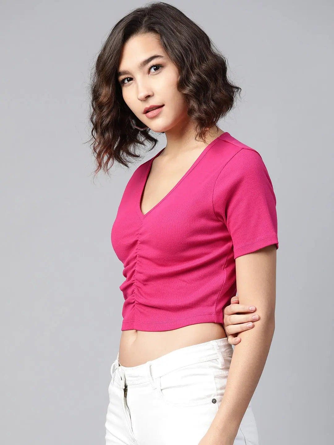 Fuchsia Cotton Rib Crop Top with Gather Detail