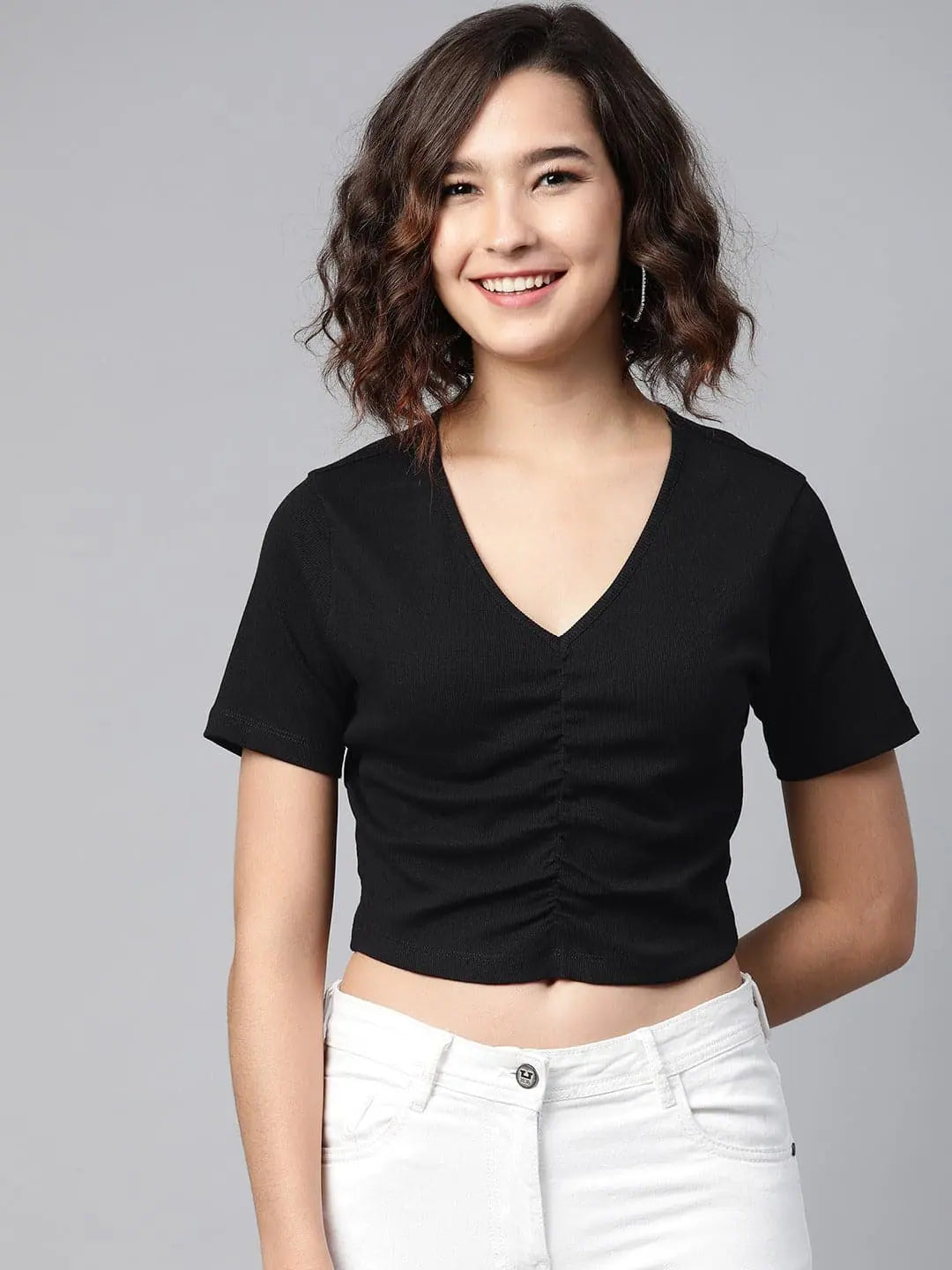 Black Cotton Rib Gather Detail Crop Top