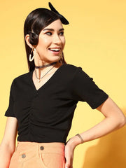 Women Black Gather Detail Crop Top