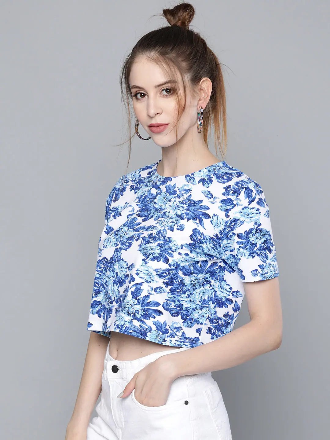 Blue Floral Crop T-Shirt - Women's Printed Cotton Tee