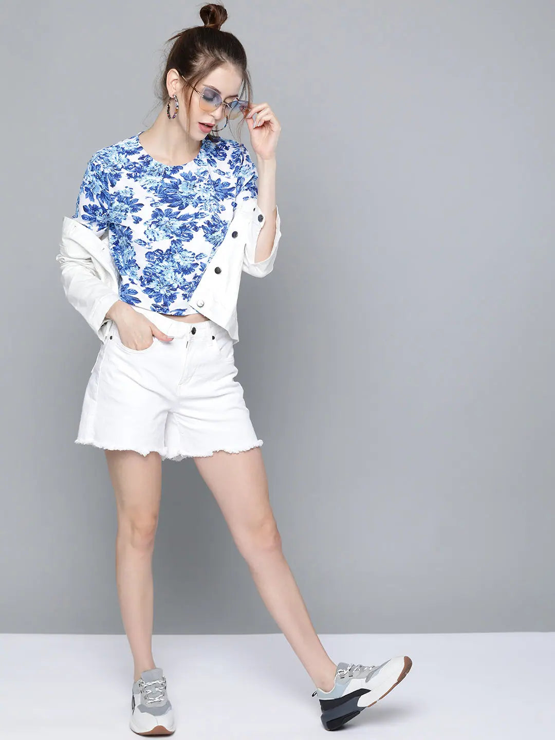Blue Floral Crop T-Shirt - Women's Printed Cotton Tee