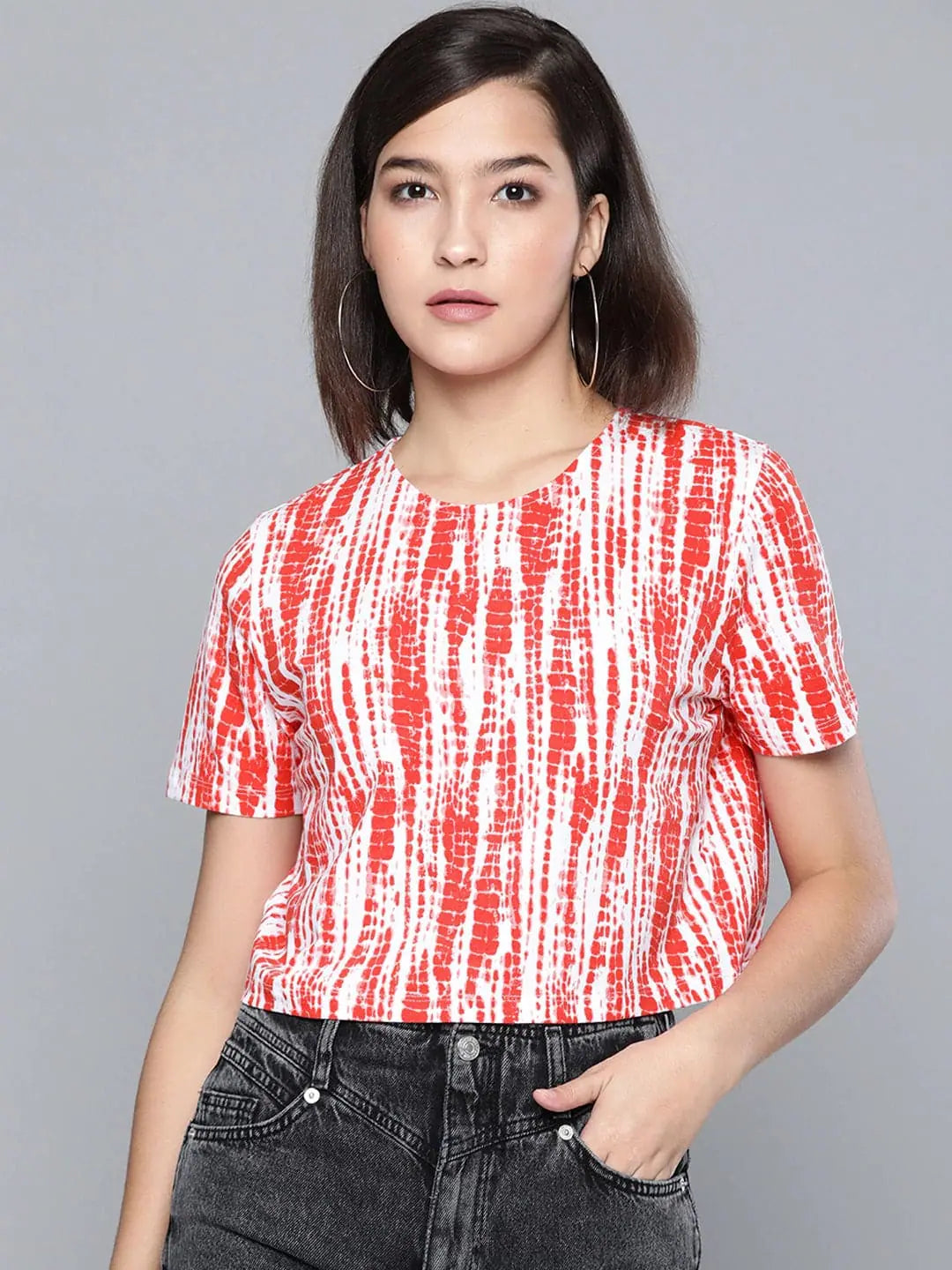 Red & White Tie-Dye Boxy T-Shirt | Women's Party Wear