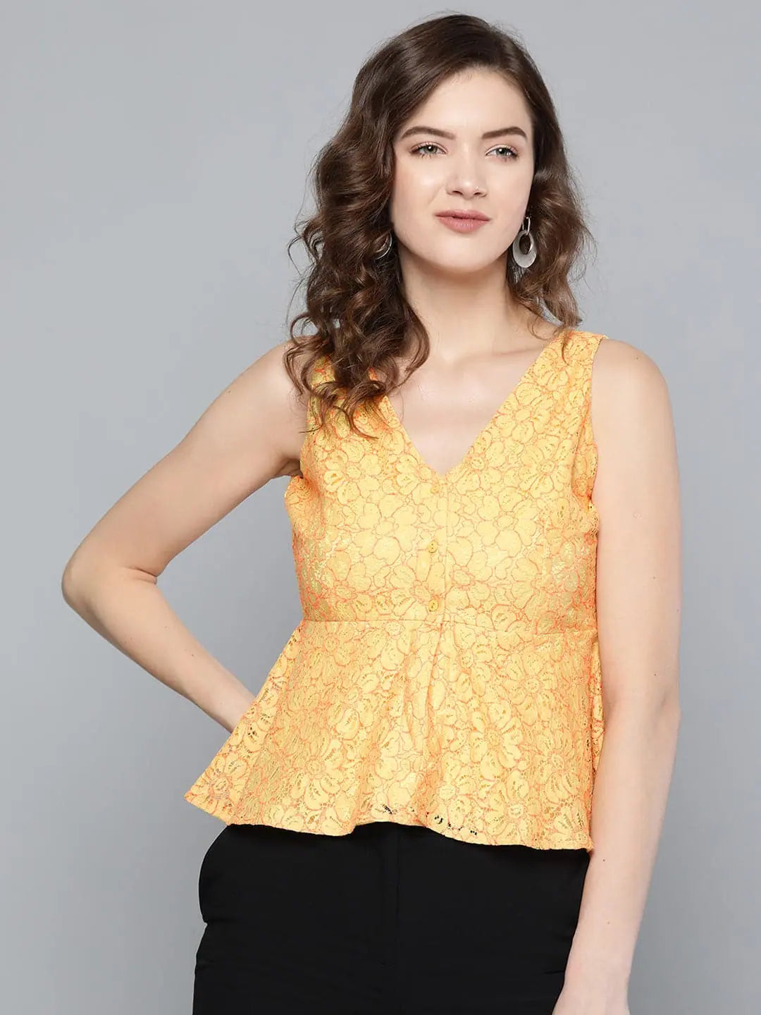 Yellow Lace V-Neck Peplum Top | Designer Lehenga, Ethnic