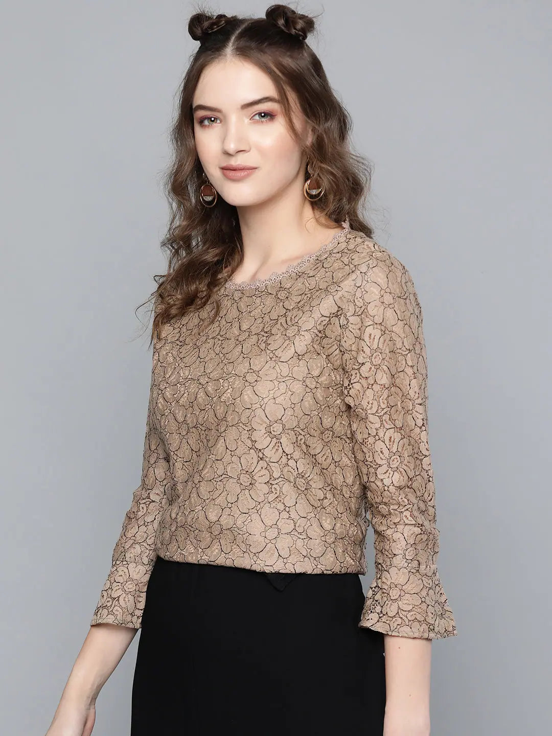 Beige Lace Flared Sleeve Top - Women's Ethnic Wear Collection