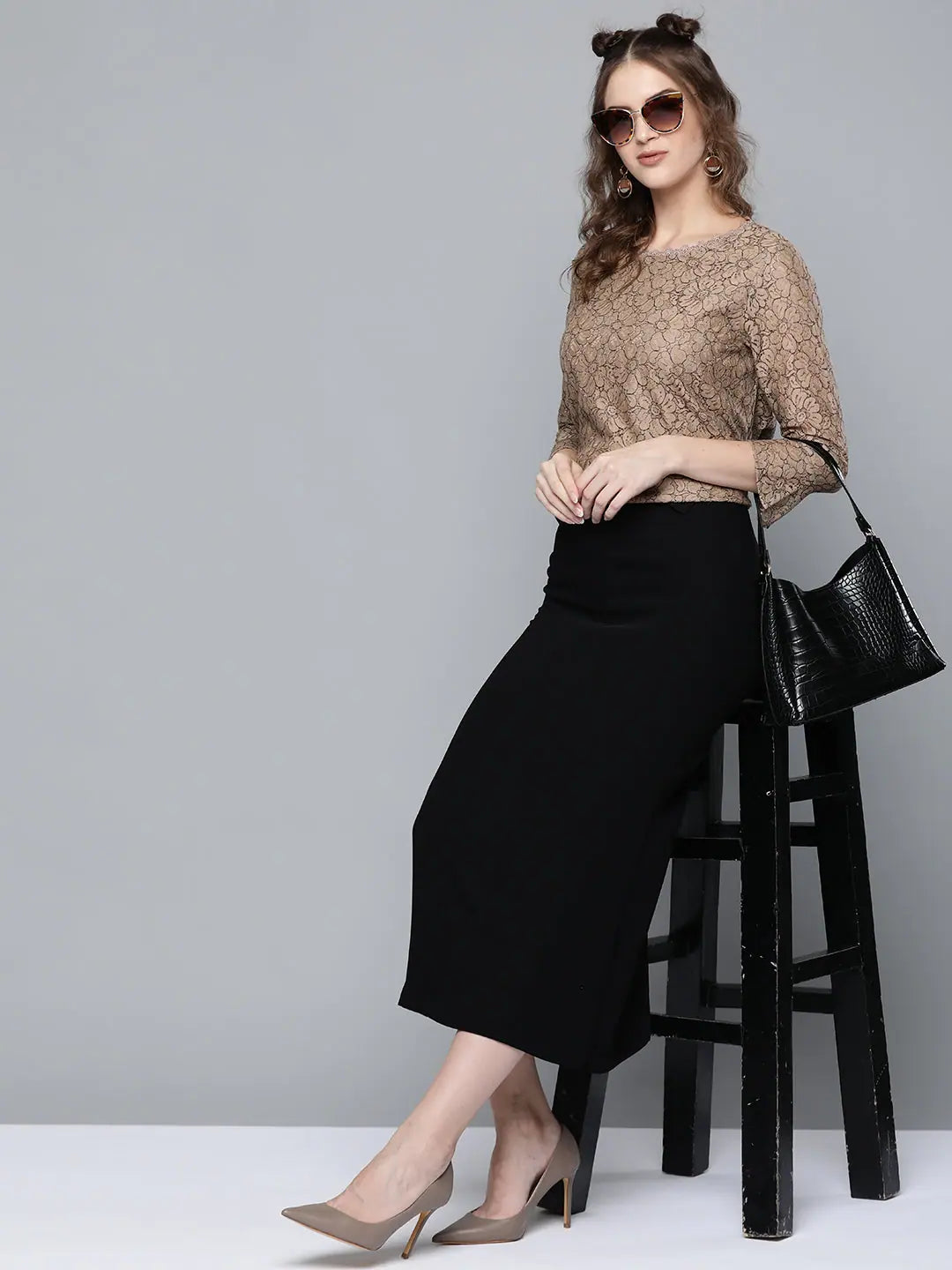 Beige Lace Flared Sleeve Top - Women's Ethnic Wear Collection