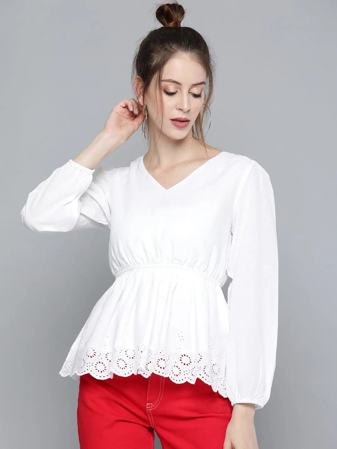 White Schiffli Peplum Top - Women's Cotton Ethnic Collection