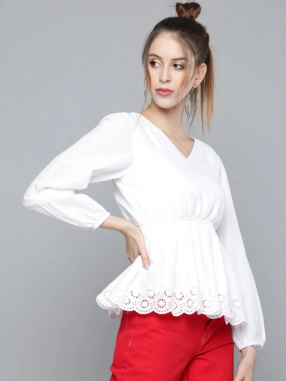 White Schiffli Peplum Top - Women's Cotton Ethnic Collection