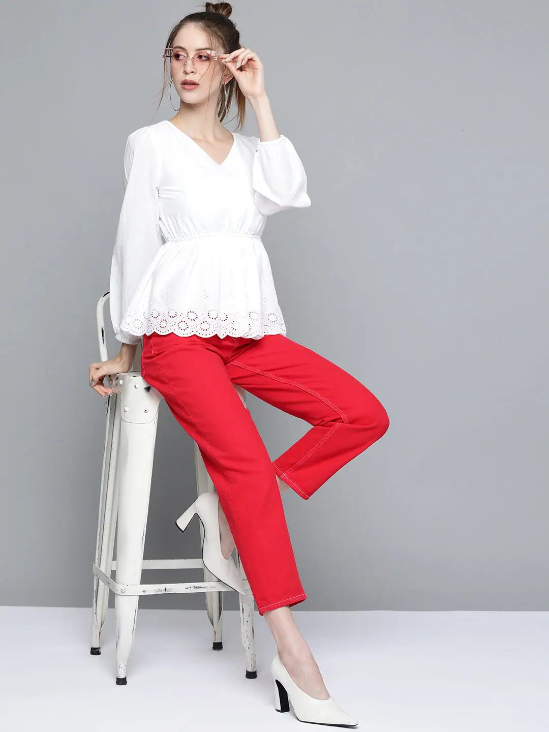 White Schiffli Peplum Top - Women's Cotton Ethnic Collection