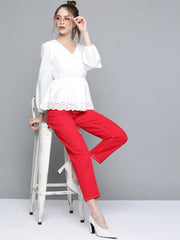 White Schiffli V-Neck Peplum Top