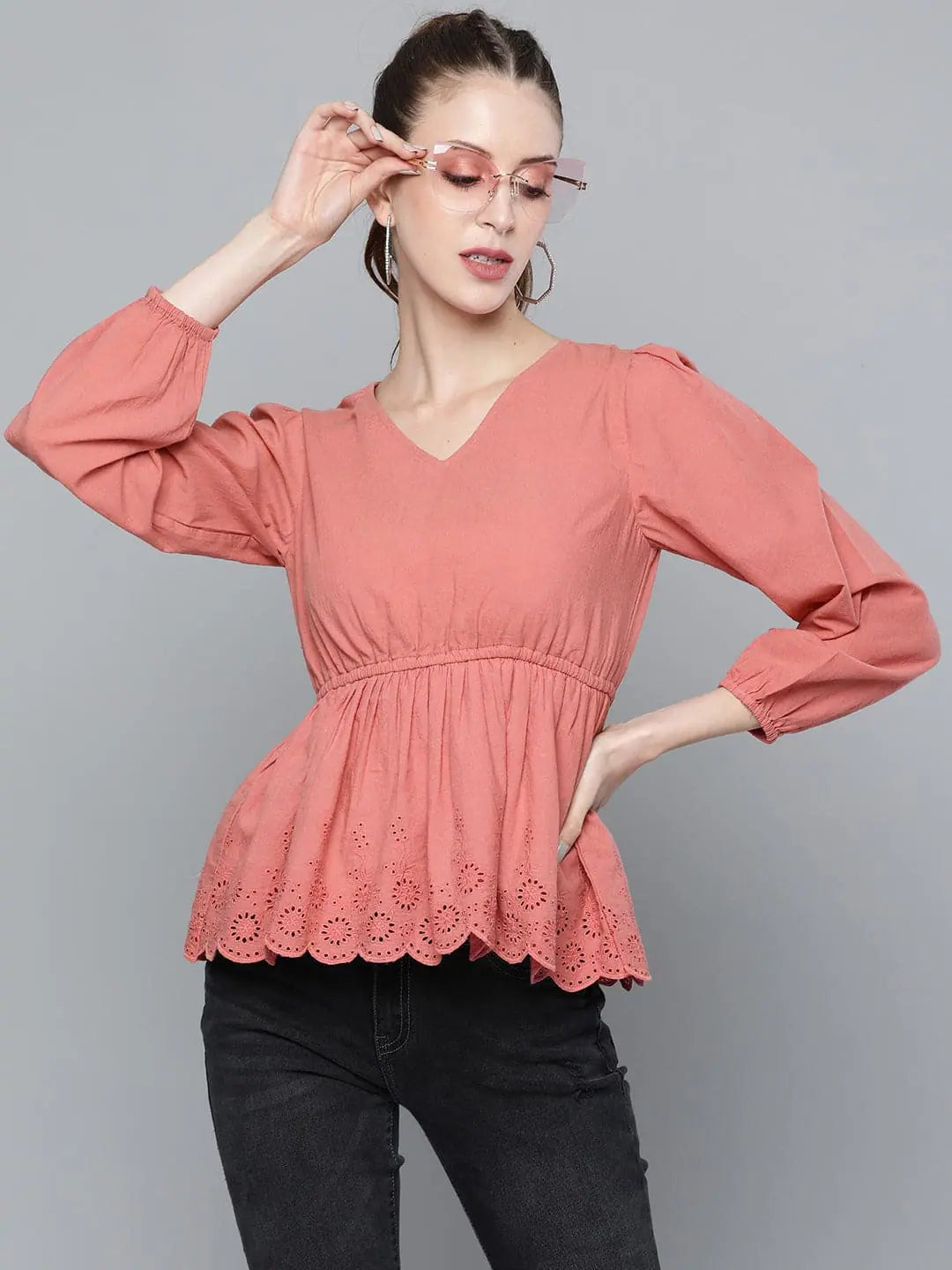 Pink Schiffli Peplum Top - Ethnic Women's Top Collection
