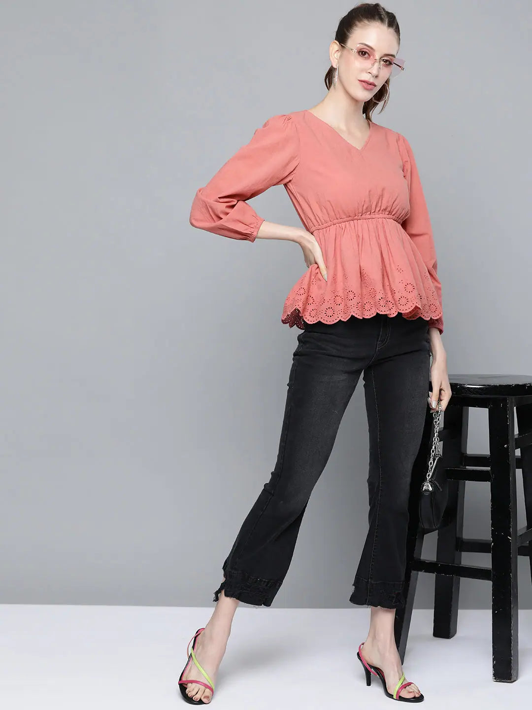 Pink Schiffli Peplum Top - Ethnic Women's Top Collection