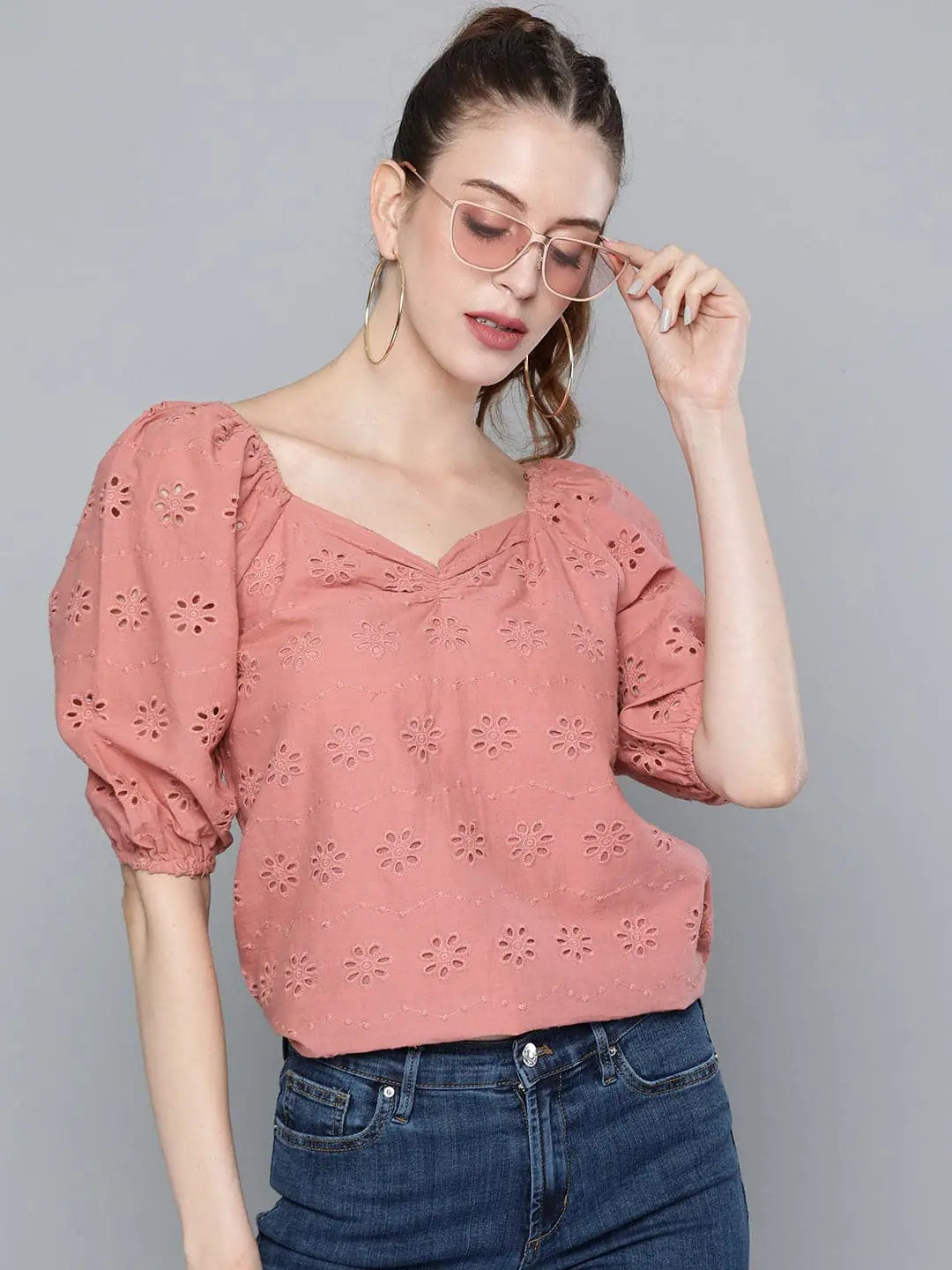 Baked Pink Puff Sleeve Top - Cotton Comfort Fit Women's Top