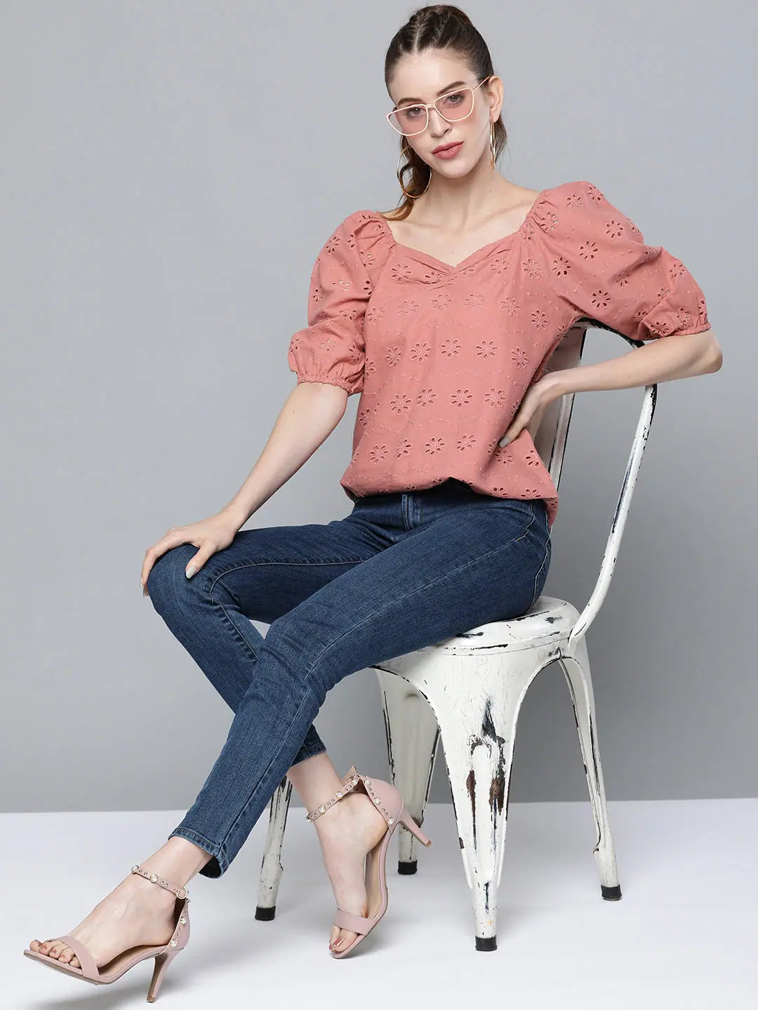 Baked Pink Puff Sleeve Top - Cotton Comfort Fit Women's Top