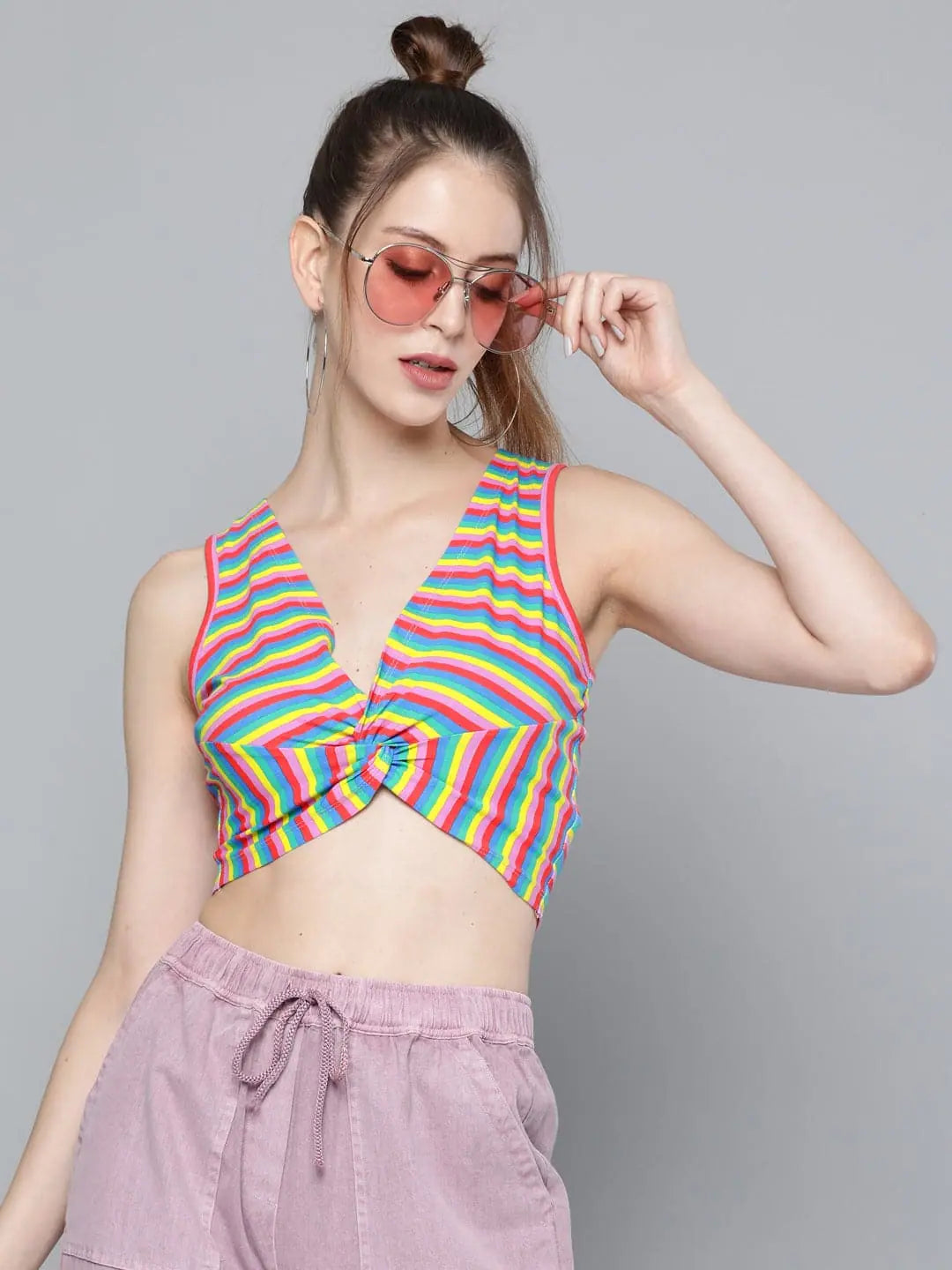 Rainbow Stripes Cotton Crop Top - Trendy Knot Detail