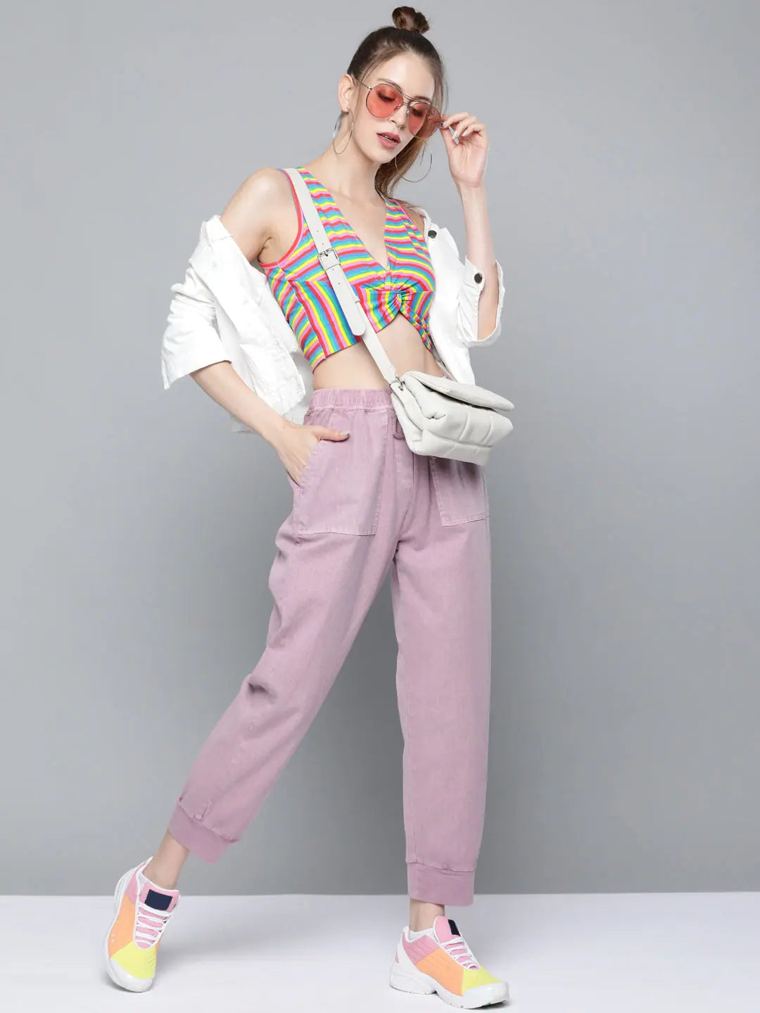 Rainbow Stripes Cotton Crop Top - Trendy Knot Detail