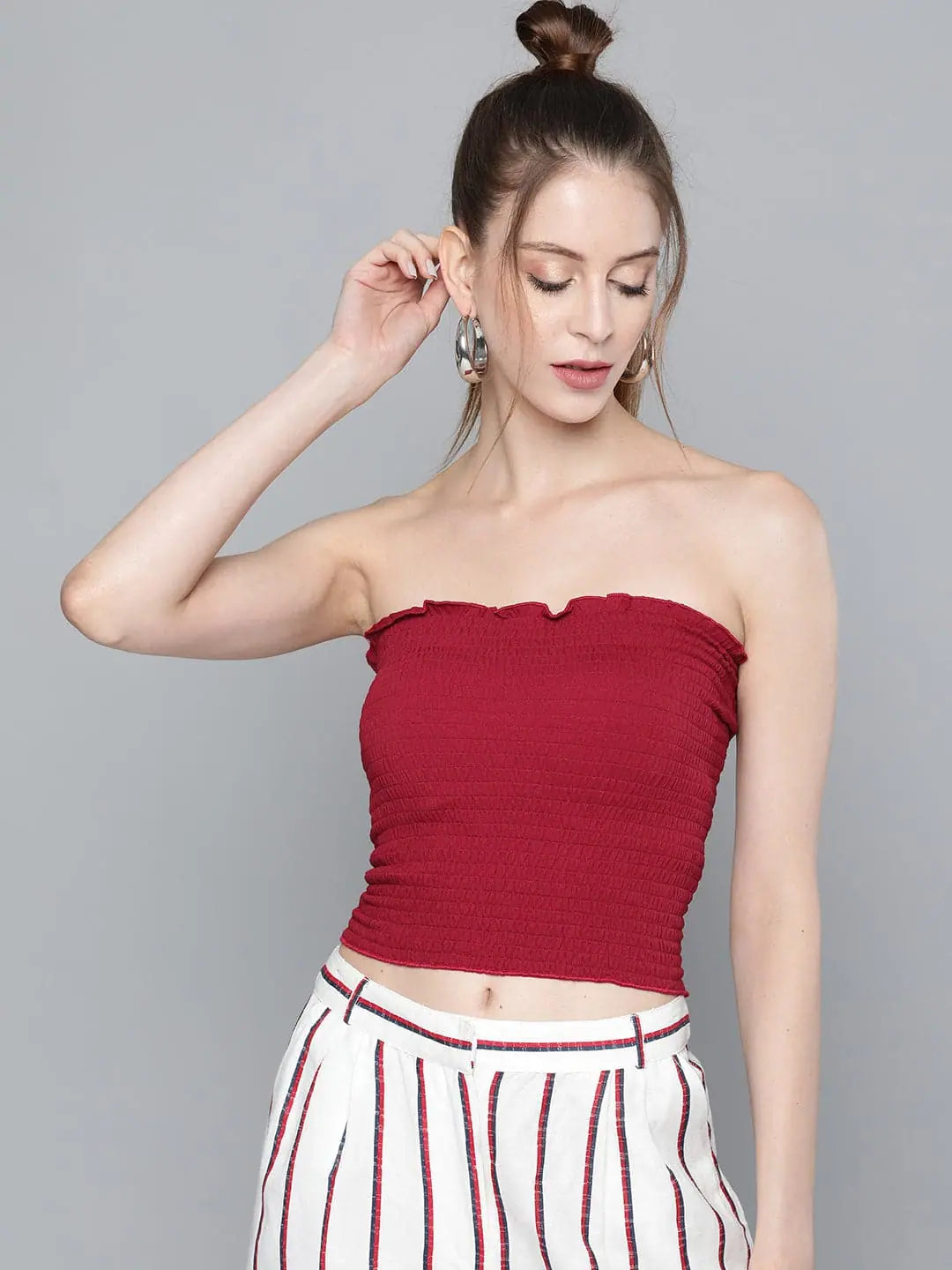 Maroon Smocked Knit Tube Top - Cotton Crop Top Style