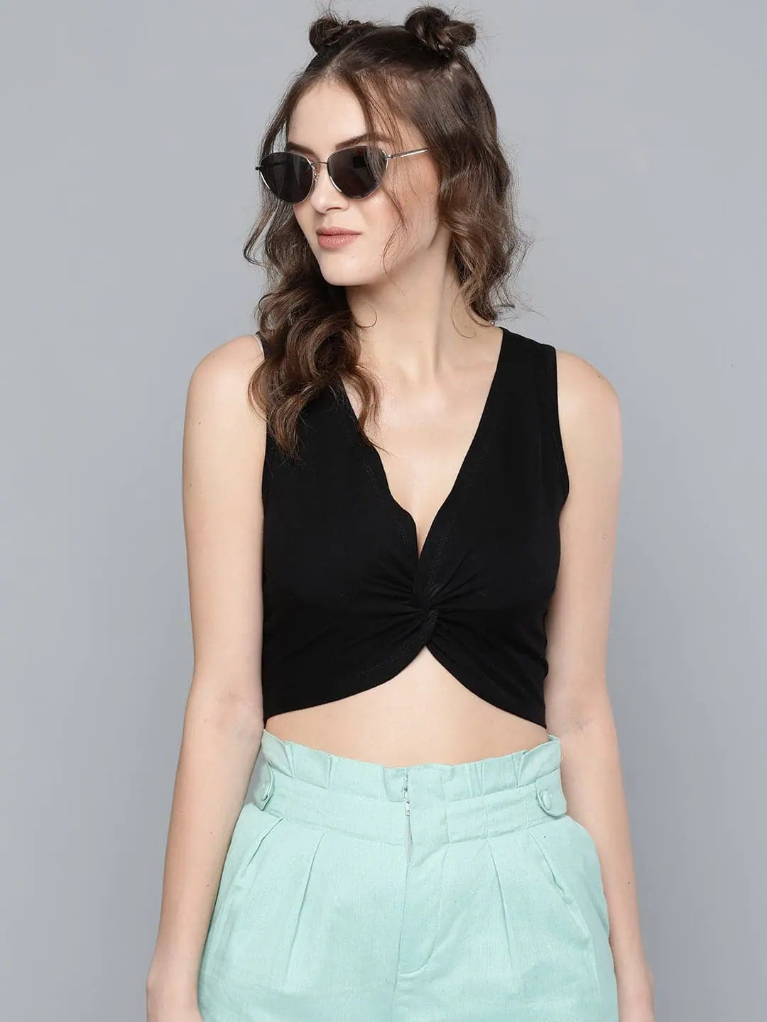 Black Knot Crop Top - Cotton V-Neck Stylish Top