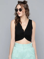 Black Front Knot V-Neck Crop Top