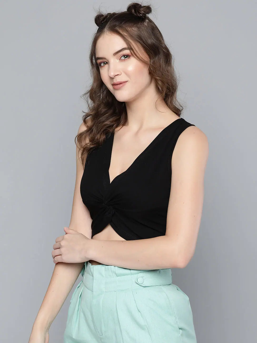 Black Knot Crop Top - Cotton V-Neck Stylish Top