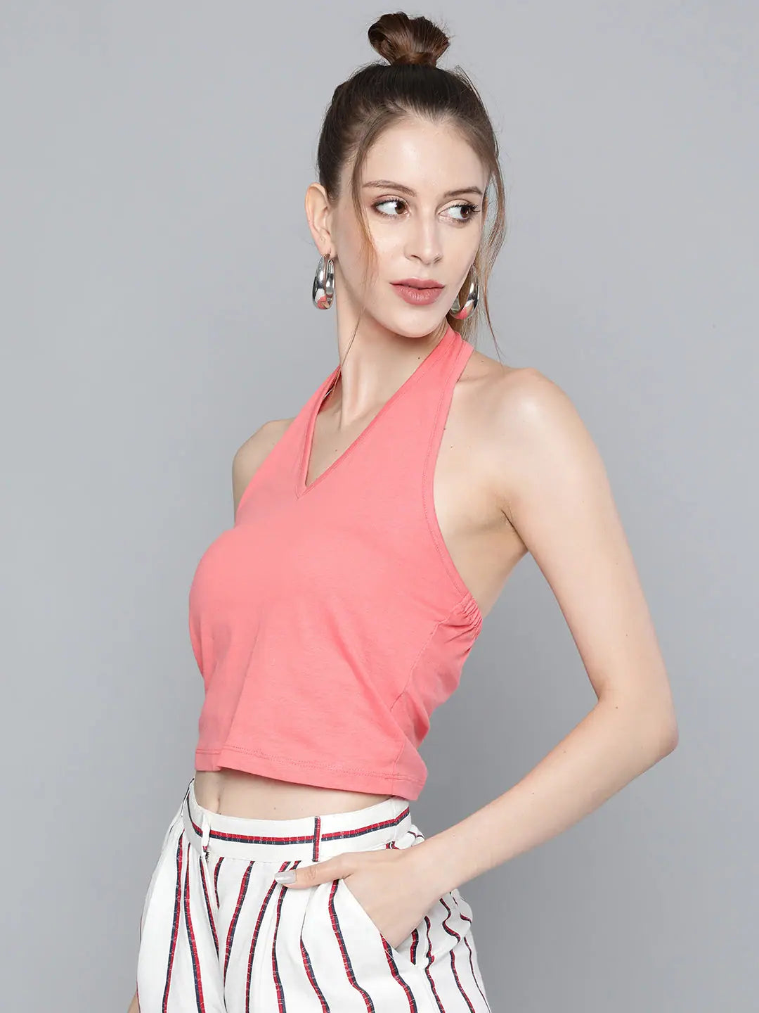 Pink Halter Top - Cotton Crop Top - Halter Neck Design