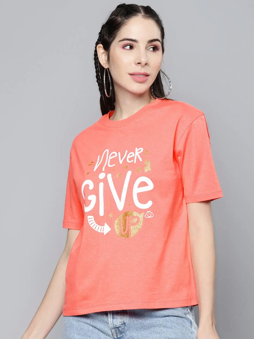 Pink Never Give Up T-Shirt - Women's Cotton Comfort Fit