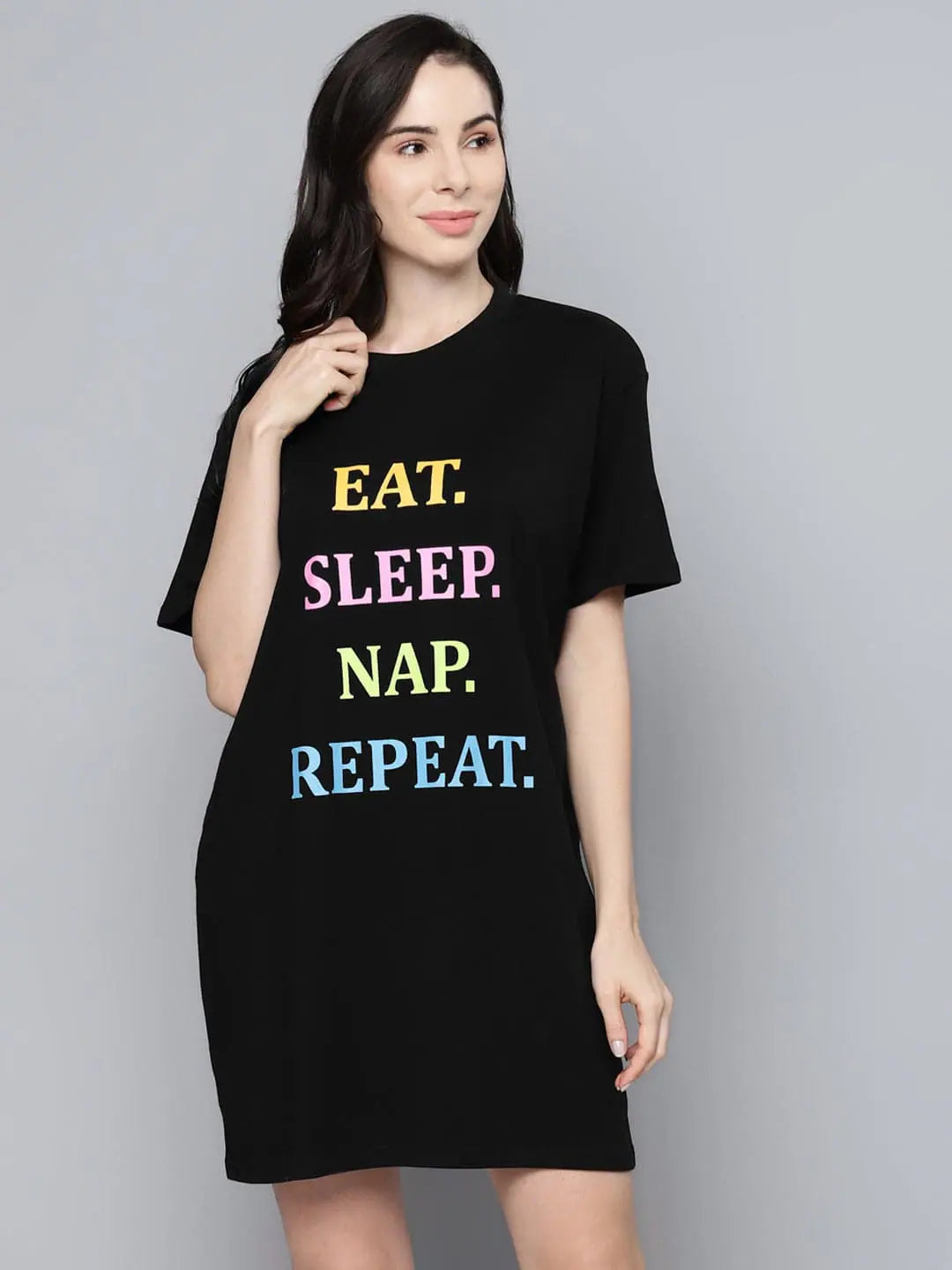 Black Eat-Sleep-Nap-Repeat Cotton Sleepshirt | Comfort Fit