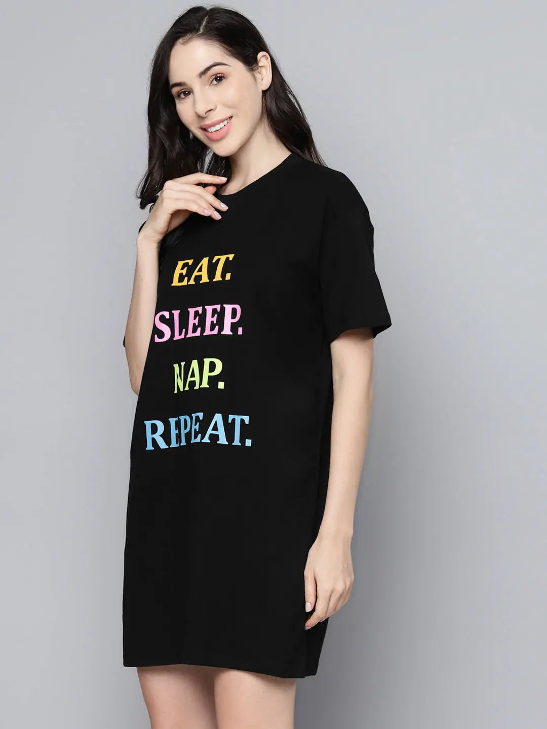 Black Eat-Sleep-Nap-Repeat Cotton Sleepshirt | Comfort Fit