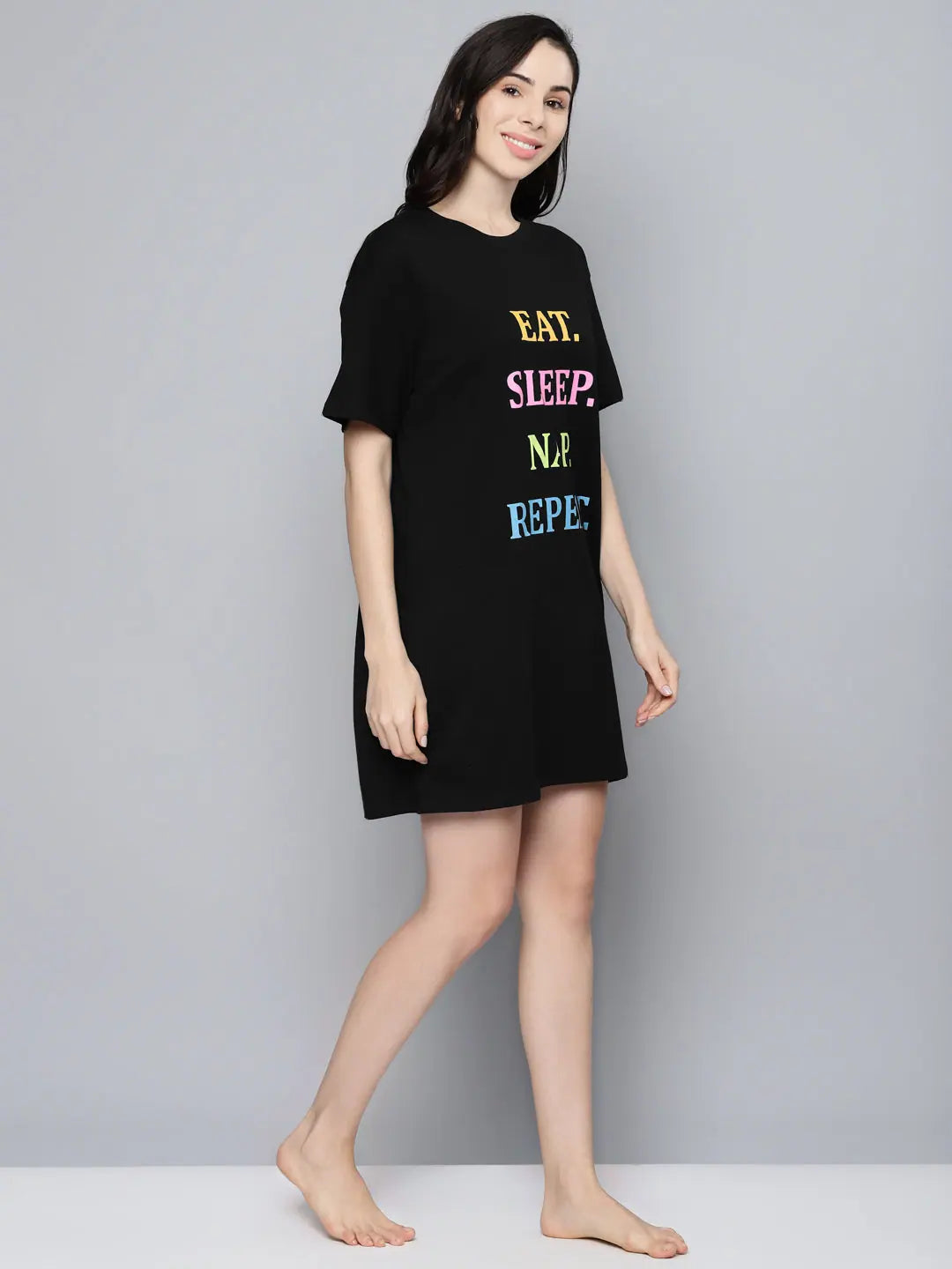 Black Eat-Sleep-Nap-Repeat Cotton Sleepshirt | Comfort Fit