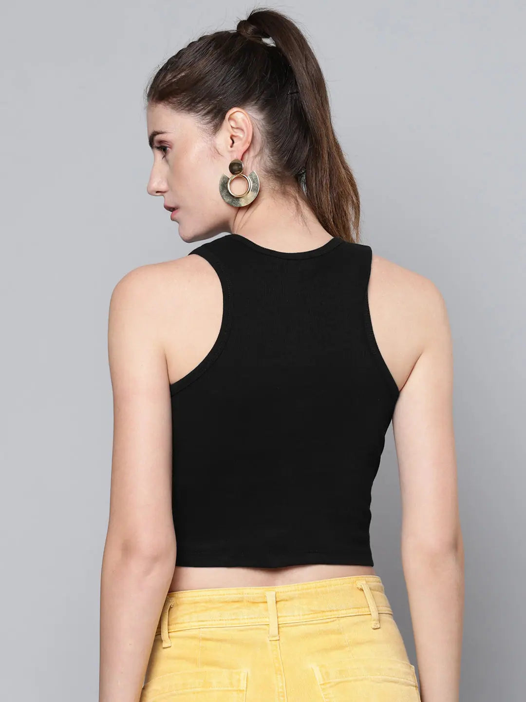 Black Front Knot Crop Top - Cotton Ribbed Tee