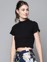 Black High Neck Lettuce-Edge Rib Top
