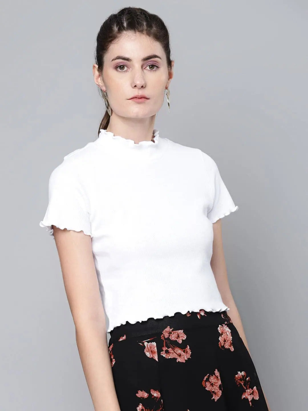 White High Neck Ribbed Crop Top - Lettuce Edge Detail