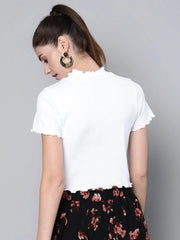 White High Neck Lettuce-Edge Rib Top