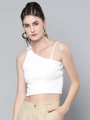 White One Shoulder Ring Detail Strappy Rib Top