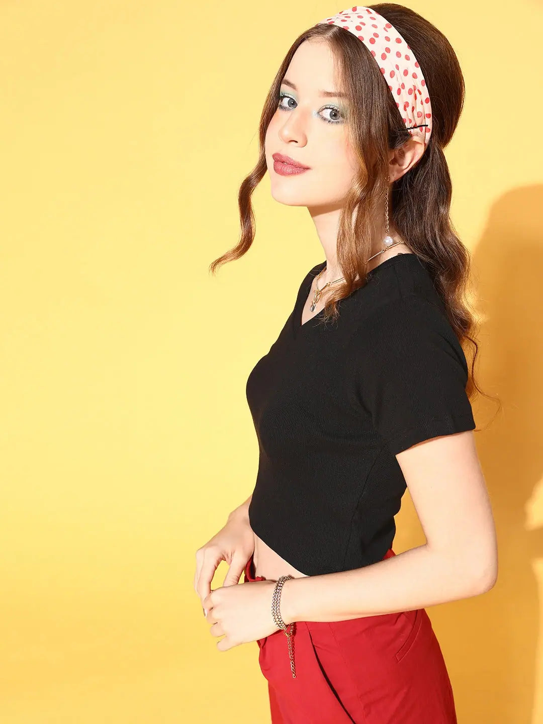 Women Black V-Neck Rib Crop Top - Comfortable Cotton Blend