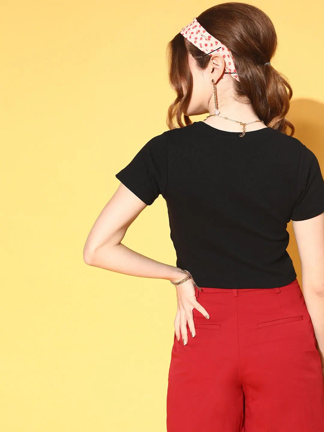 Women Black V-Neck Rib Crop Top - Comfortable Cotton Blend