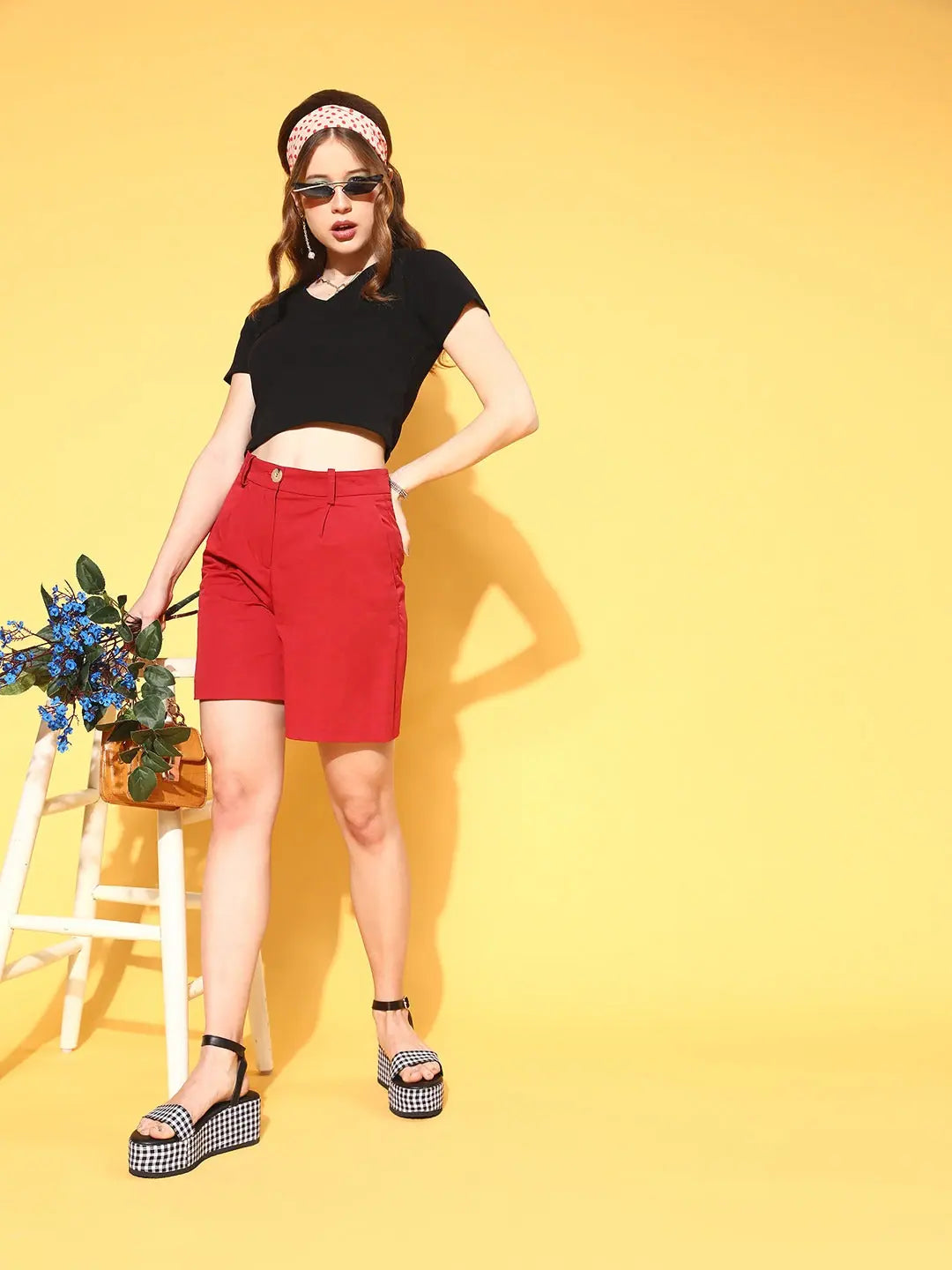 Women Black V-Neck Rib Crop Top - Comfortable Cotton Blend