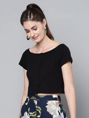 Black Front Button Bardot Rib Crop Top