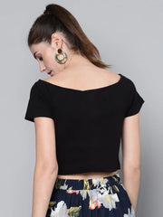 Black Front Button Bardot Rib Crop Top