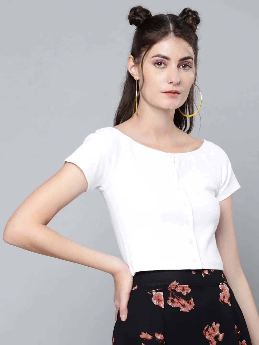 White Front Button Bardot Rib Crop Top