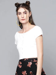 White Front Button Bardot Rib Crop Top