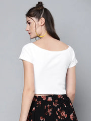 White Front Button Bardot Rib Crop Top