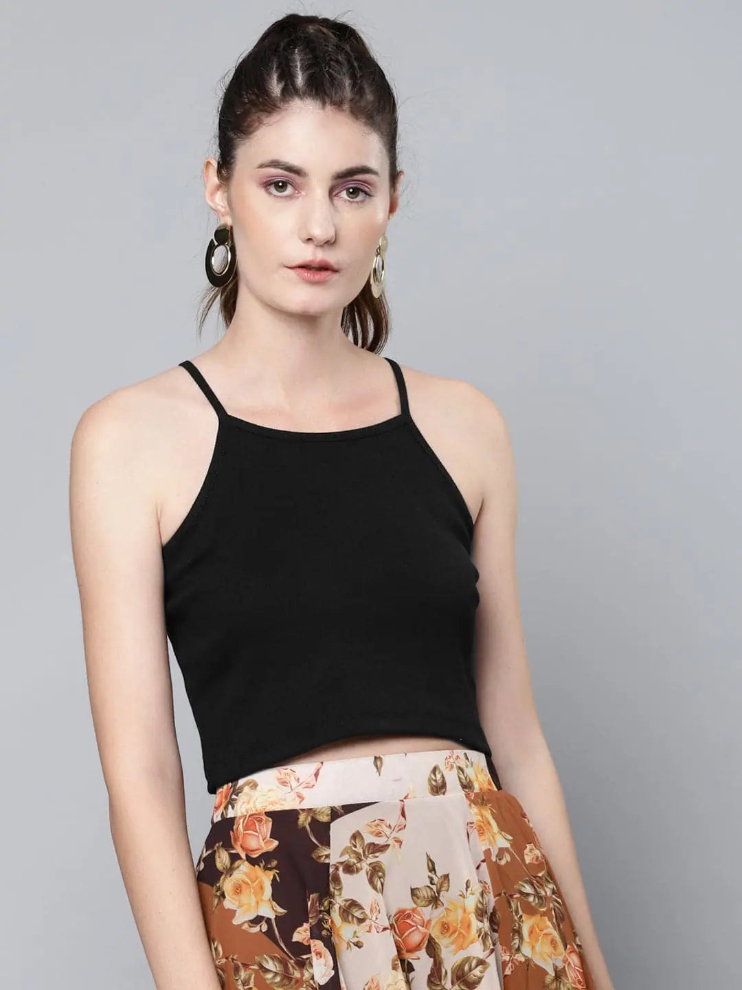 Black Cotton Rib Crop Top - Strappy Adjustable Top