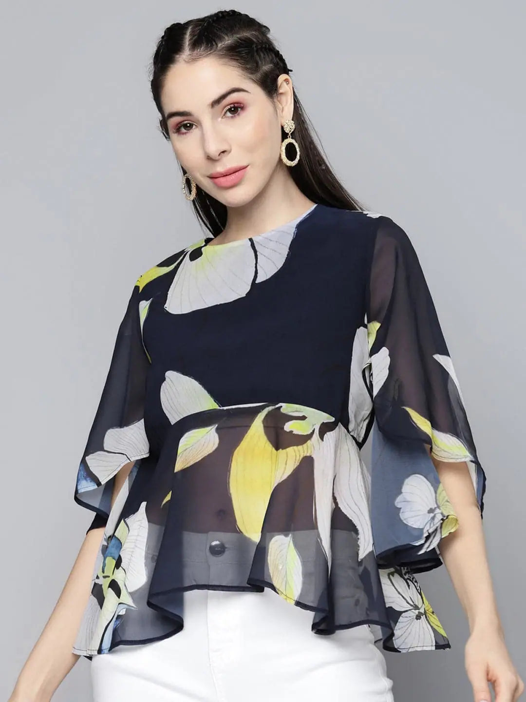 Navy Blue Floral Cape Top - Designer Georgette