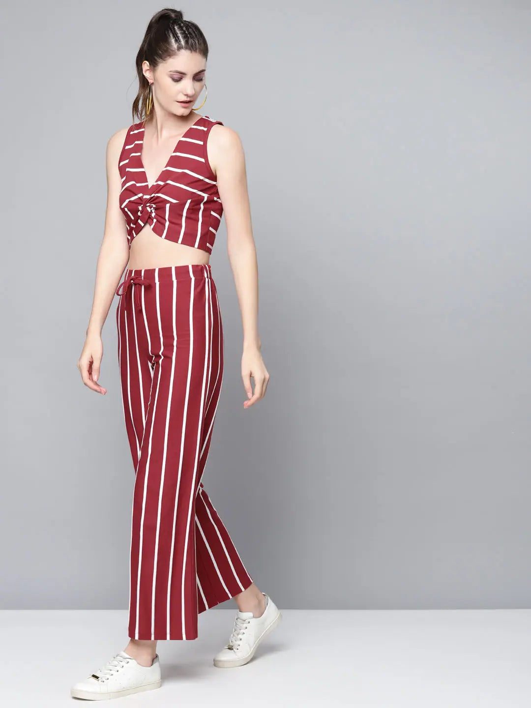 Maroon Striped Twisted Crop Top - Knot Detail Cotton Tee