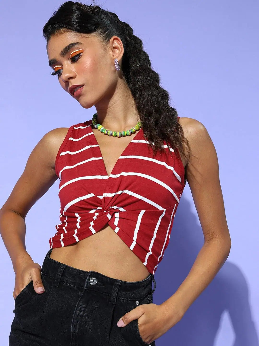 Maroon Stripes Twisted Crop Top | Women's Western Wear