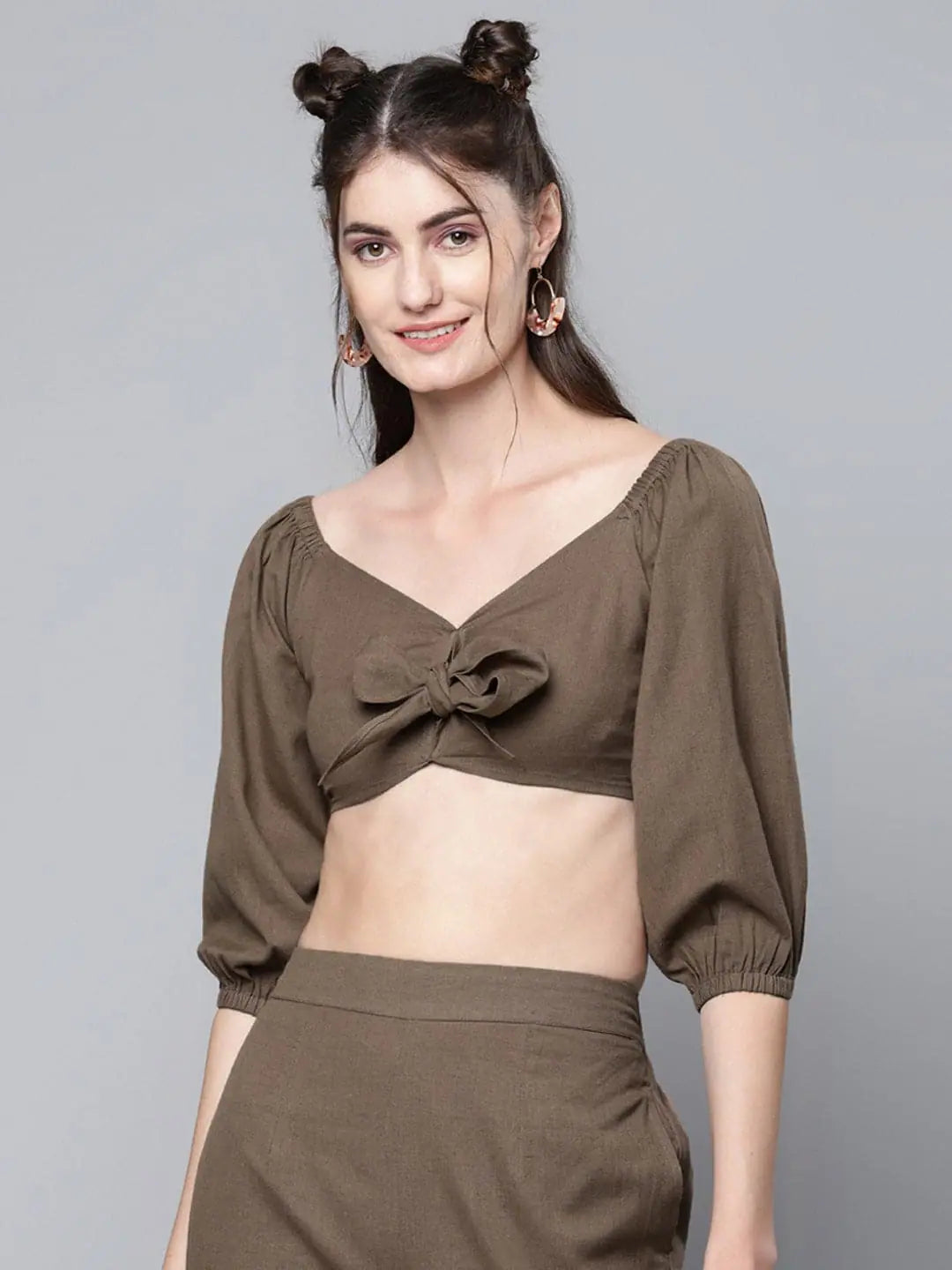 Brown Tie-Up Crop Top | Cotton Linen Lehenga for Women