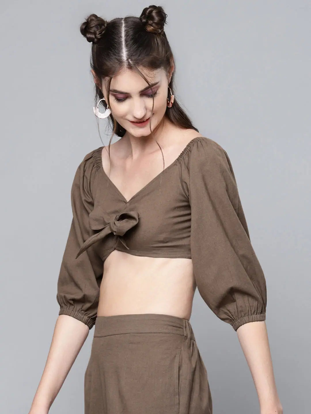 Brown Tie-Up Crop Top | Cotton Linen Lehenga for Women